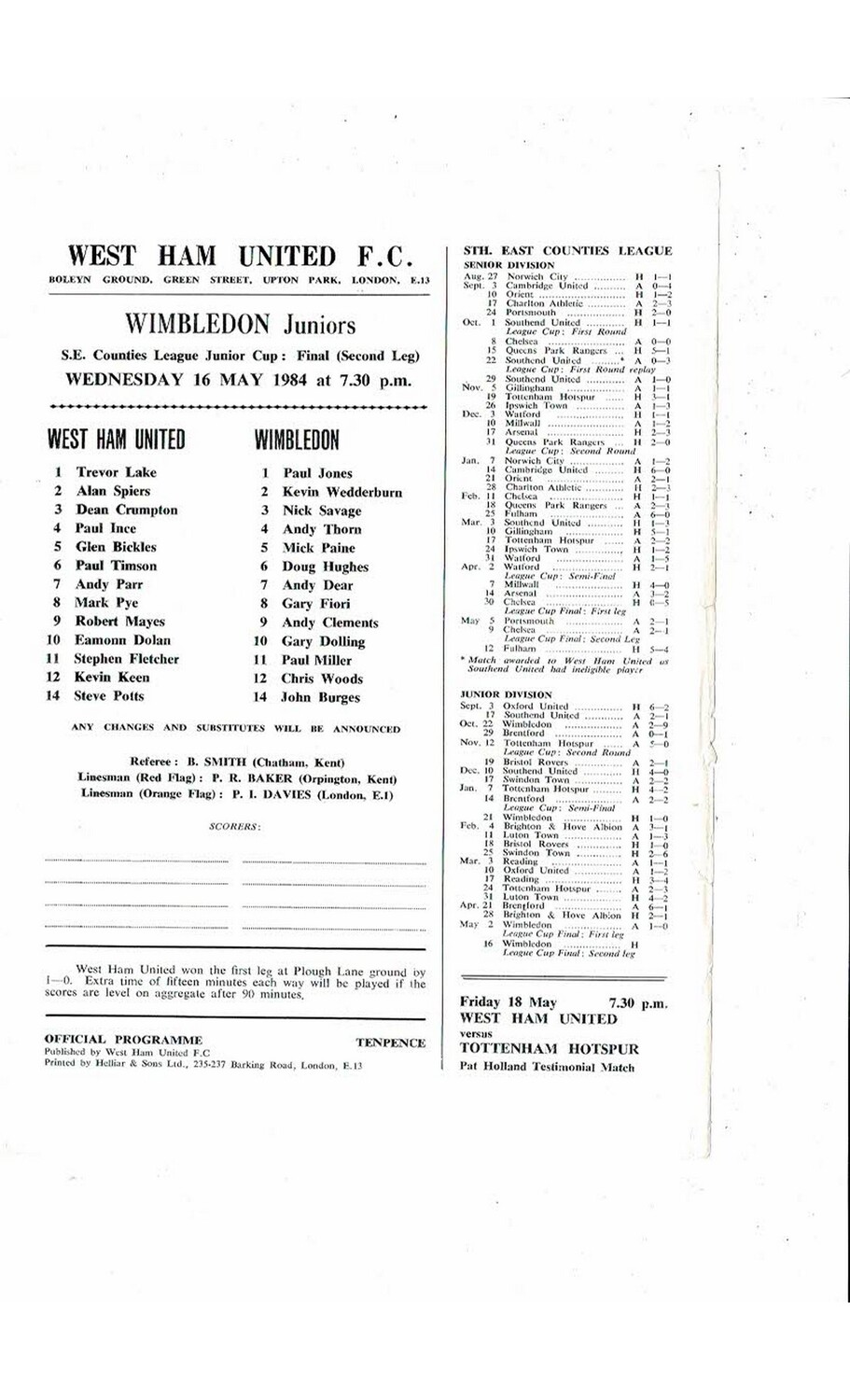 West Ham United v Wimbledon South