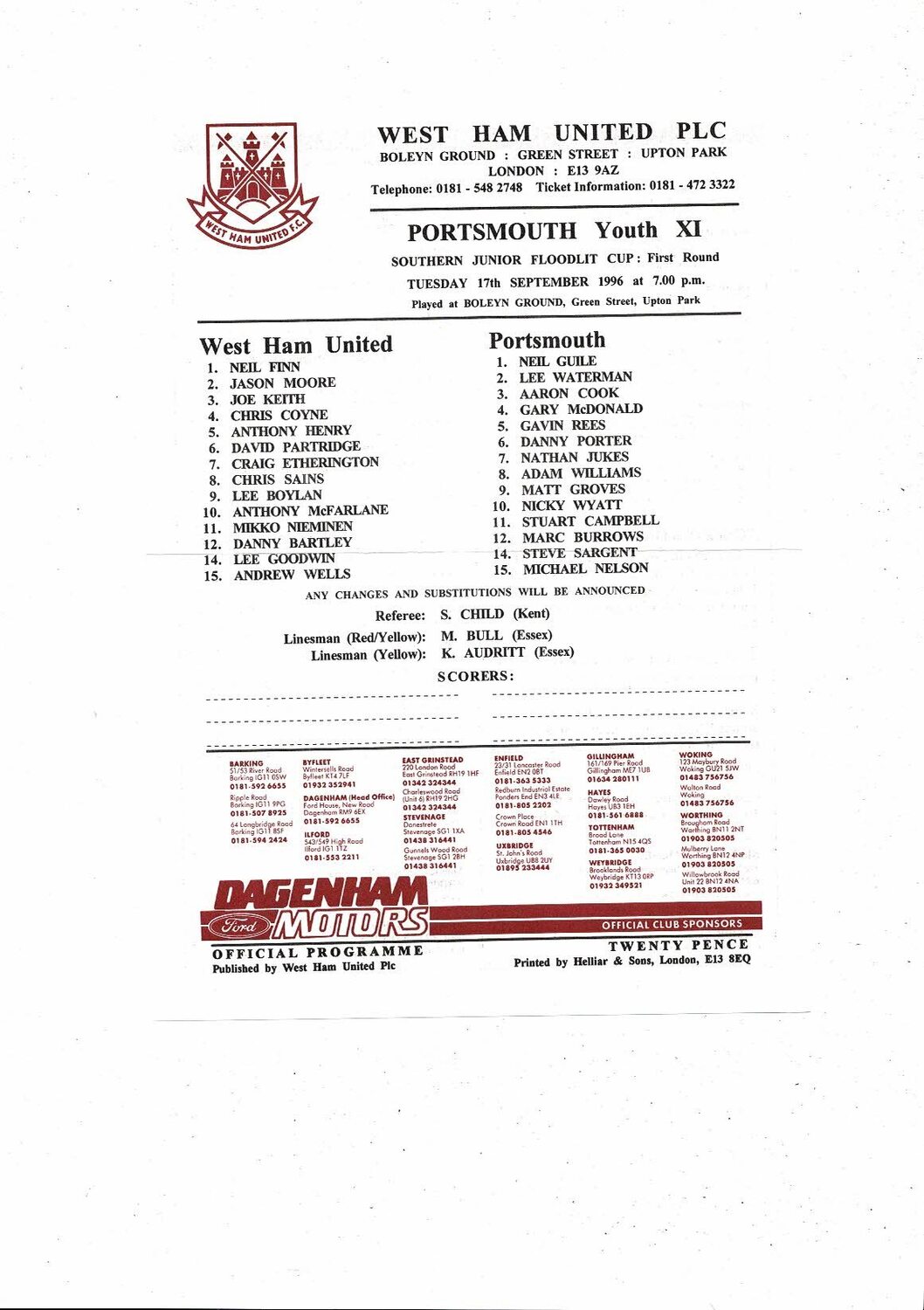 West Ham United v Portsmouth Southern Junior Cup Football Programme 1996/97 Bob's Football