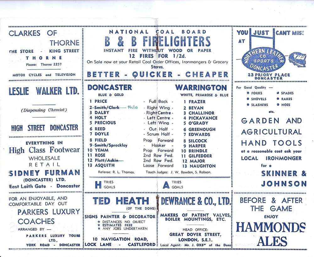1960/61 Doncaster v Warrington Rugby League Challenge Cup 1st Round