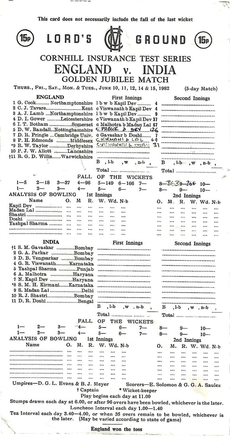 1982 England v India 1st Test Match/Golden Jubilee Match (1015/06/1982