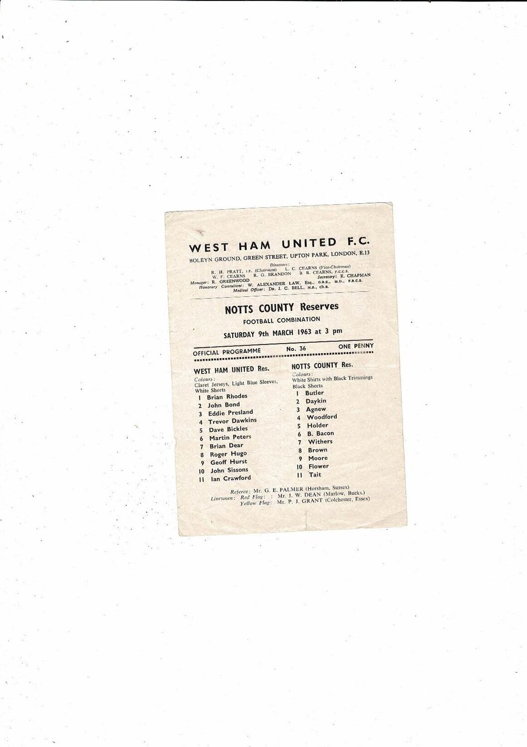 West Ham United v Notts County Football Combination Programme 1962/63 Bob's Football