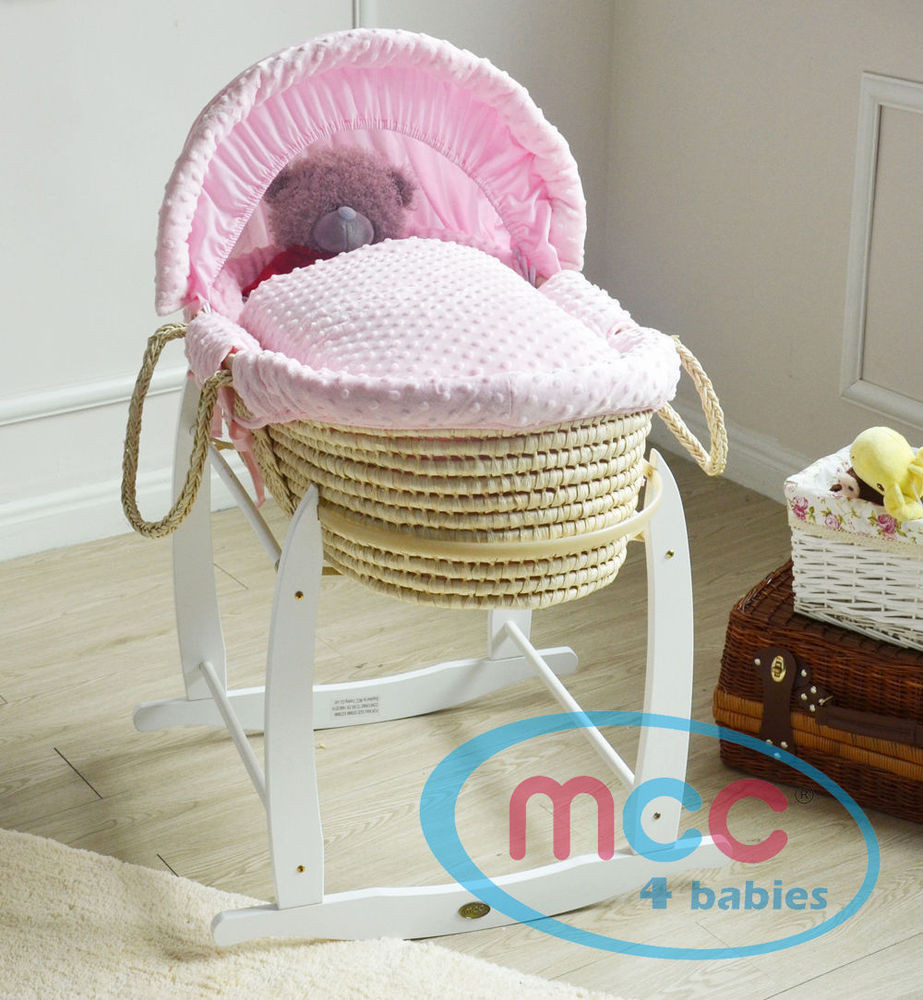 Deluxe Palm Moses Basket With Pink Cotton Dressing & Rocking Stand