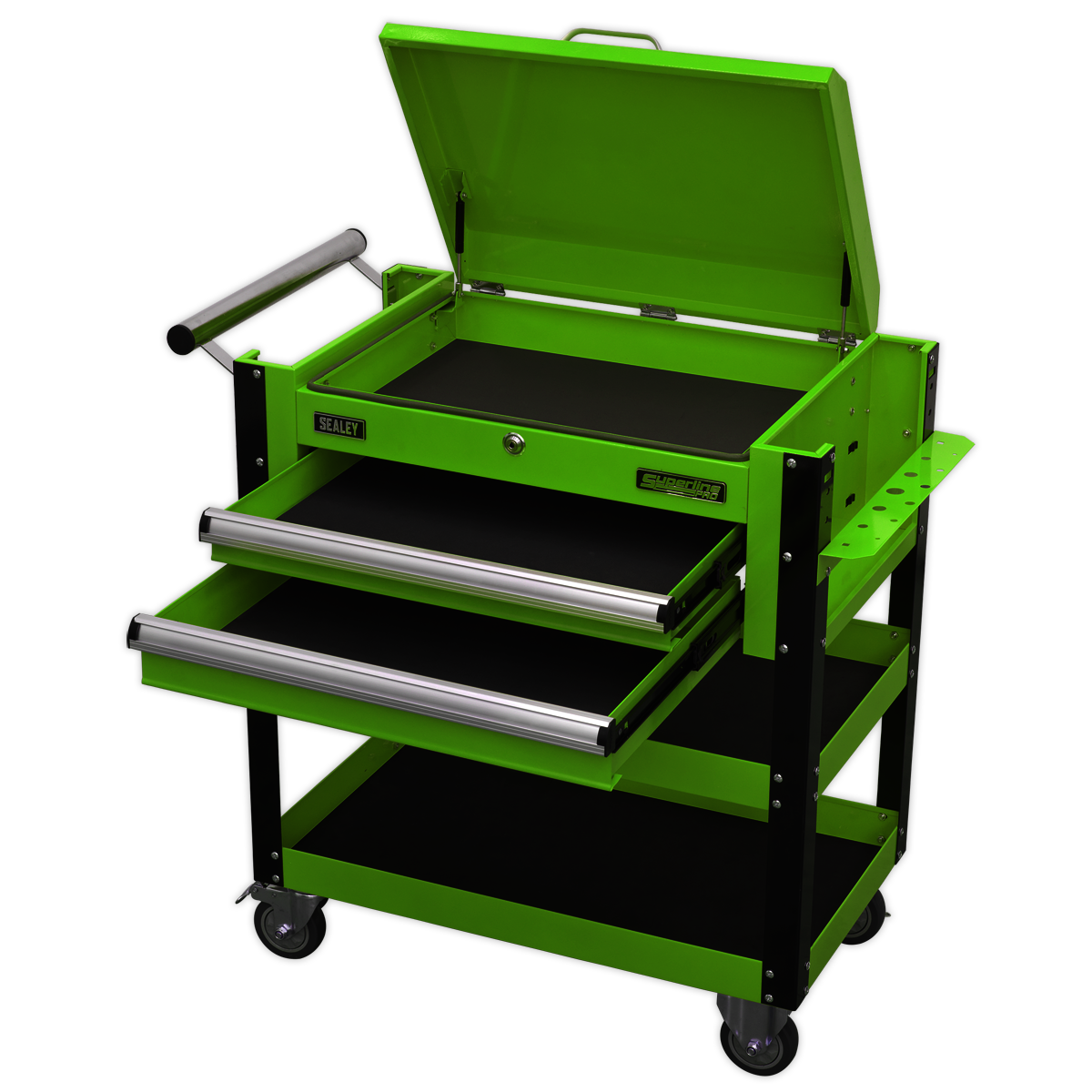 Green Sealey Heavy-Duty Mobile Tool Parts Trolley 2 Drawers /& Lockable Top