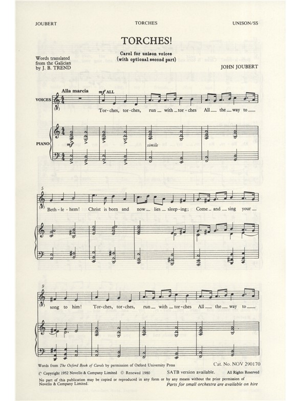 Sheet Music John Joubert Torches! Unison Voices