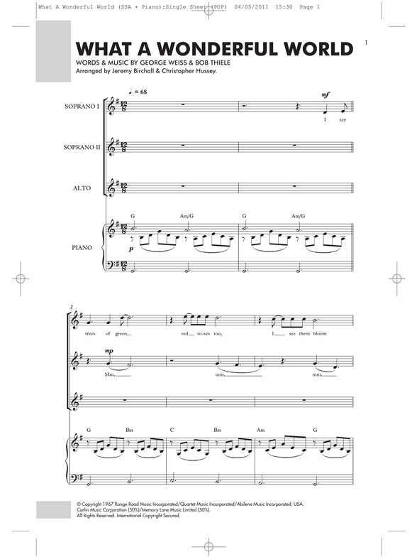 louis armstrong what a wonderful world ssa piano piano what a wonderful world piano sheet music