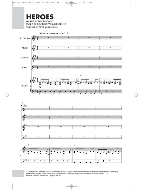 david bowie heroes satb piano piano accompaniment sheet music david bowie piano sheet music