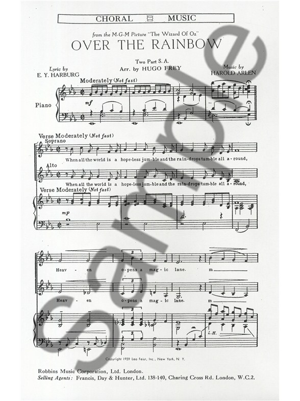 harold arlen over the rainbow 2 part 2 part choir sheet music harold arlen over the rainbow sheet music