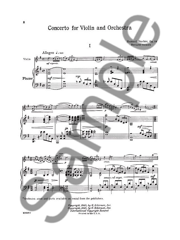 Samuel Barber Concerto For Violin And Orchestra Piano