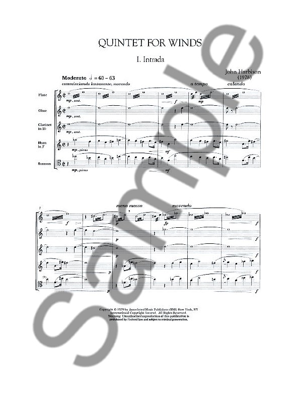 John Harbison Quintet For Winds (Score And Parts) Wind Quintet Sheet