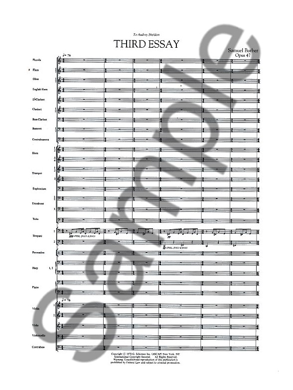samuel barber first essay for orchestra score Original: first essay for orchestra samuel barberfirst essay for orchestra composed by samuel barber translation: study score 1910-1981 for orchestra, strings score study score 24. samuel barber first essay for orchestra score Original: first essay for orchestra samuel barberfirst essay for orchestra composed by samuel barber translation: study score 1910-1981 for orchestra, strings score study score 24.