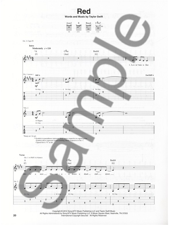 Taylor Swift Red Guitar Recorded Versions Guitar Sheet Music