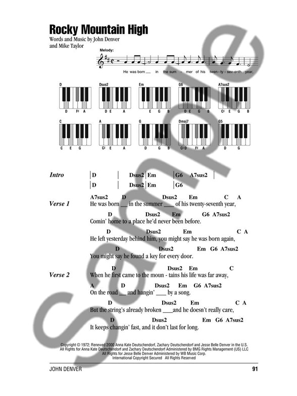 John Denver Piano Chord Songbook Lyrics & Piano Chords Sheet Music