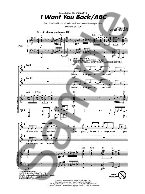 jackson 5 i want you back abc arr mark brymer 2 part choir i want you back jackson 5 piano sheet music
