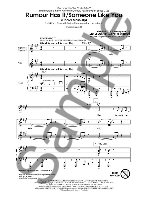 adele rumour has it someone like you choral mash up from glee sheet music for someone like you