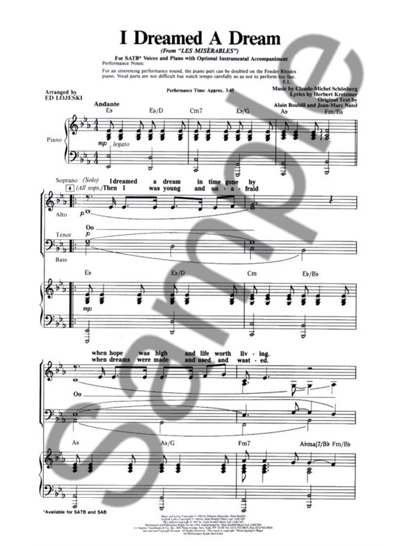alain boublil claude michel schonberg i dreamed a dream les miserables satb les miserables musci