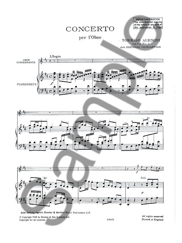 Tomaso Albinoni Oboe Concerto Op.7 No.6 (Oboe/Piano) Piano