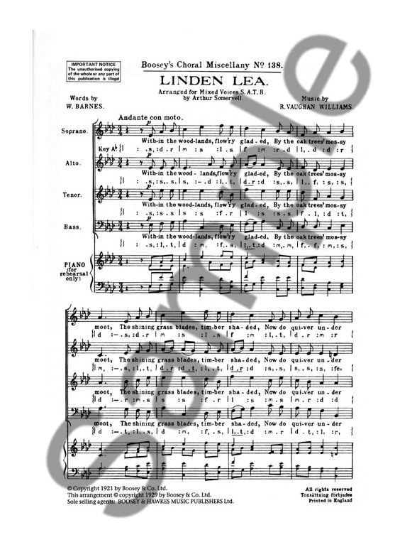 ralph vaughan williams linden lea choral sheet music sheet linden lea sheet music