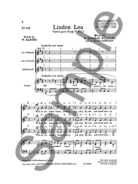 ralph vaughan williams linden lea piano accompaniment sheet music linden lea sheet music
