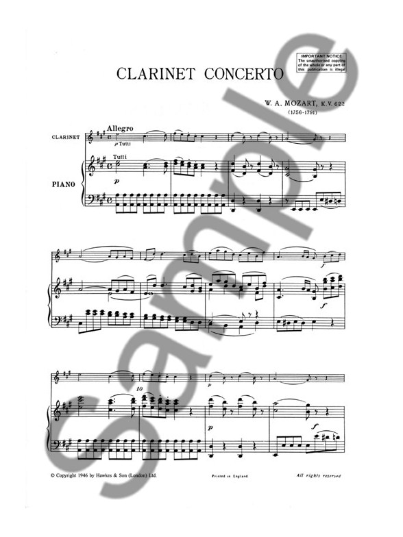 W.A. Mozart Concerto In A K.622 In A/Piano) (Boosey