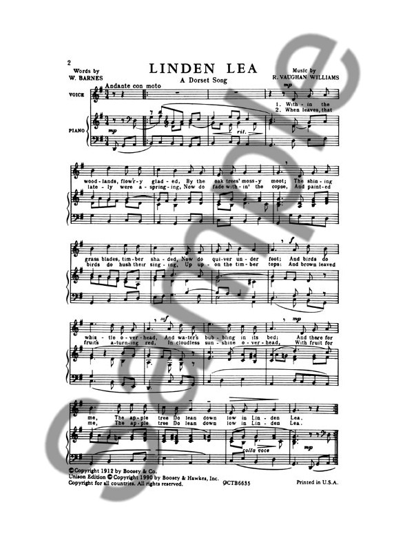 ralph vaughan williams linden lea unison piano accompaniment linden lea sheet music