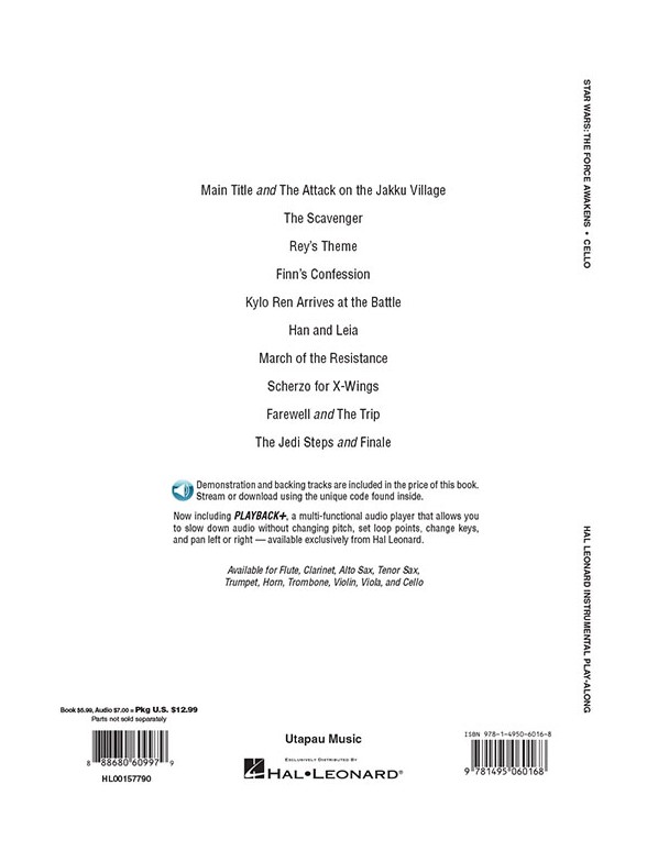 hal leonard instrumental play along star wars the force awakens star wars cello sheet music