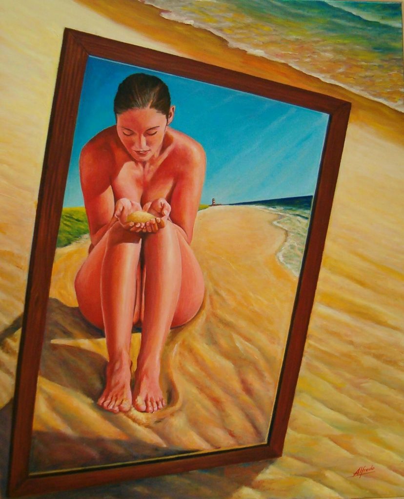 En la playa. Óleo de Alfredo Albajara