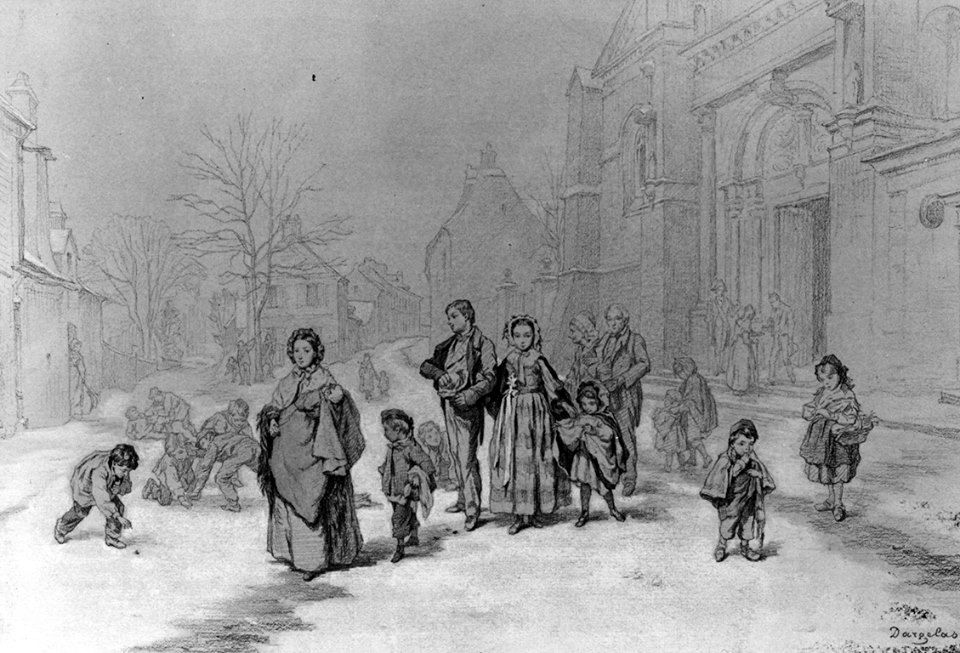 André Henri Dargelas Gente saliendo de la iglesia en invierno