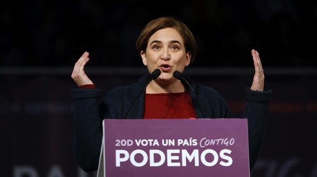 MADRID 13 12 2015 POLITICA Mitin para las elecciones Generales del dia 20 D de Podemos en la Caja Magica en Madrid Pablo Iglesias acompanado de Ada Colau en el Mitin Central de la campana para las Generales del 20D Imagen David Castro
