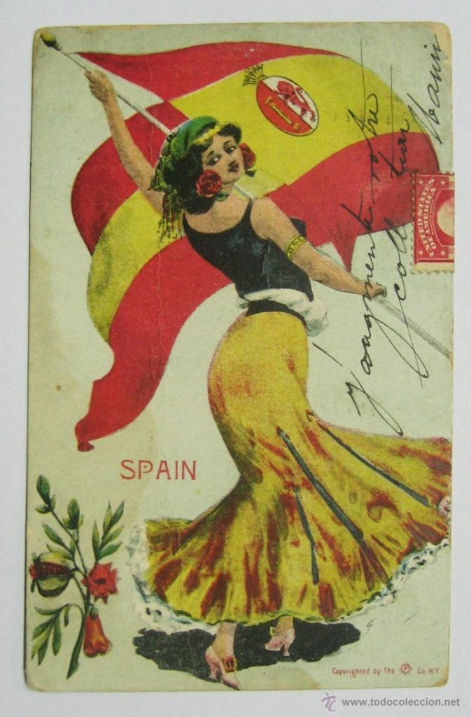 antígua postal con la bandera de España