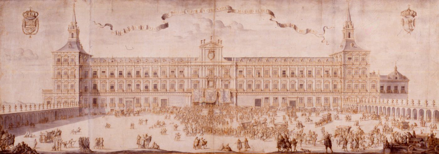 Delante de la fachada del Alcázar de Madrid, residencia oficial de los monarcas españoles –hoy inexistente– tuvo lugar, el 20 de noviembre de 1700, la aclamación del nuevo rey de España, Felipe V,