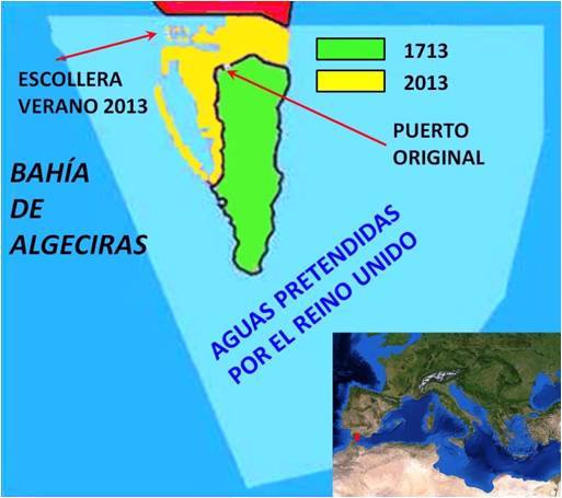 En color verde el Gibraltar cedido en 1713, y en amarillo lo que hasta hoy el Reino Unido ha ido usurpando