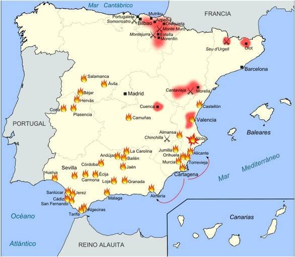 Mapa de los levantamientos cantonales 1873 y 1874. http://www.grandesbatallas.es/levantamiento%20cantonal.html