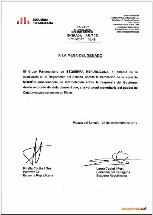 Moción de ERC a debatir el 10 de Octubre, en la que piden al Senado instar al Gobierno