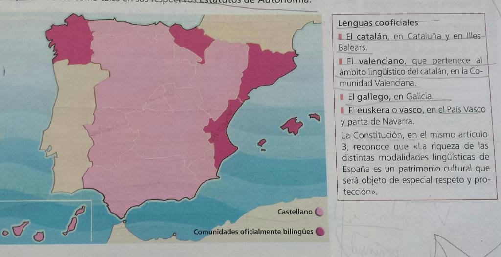 Primero de ESO, editorial SM, libro de texto en la Comunidad de Madrid. El catalán en Cataluña y Baleares. El valenciano perteneciente al ámbito lingüístico del catalán.