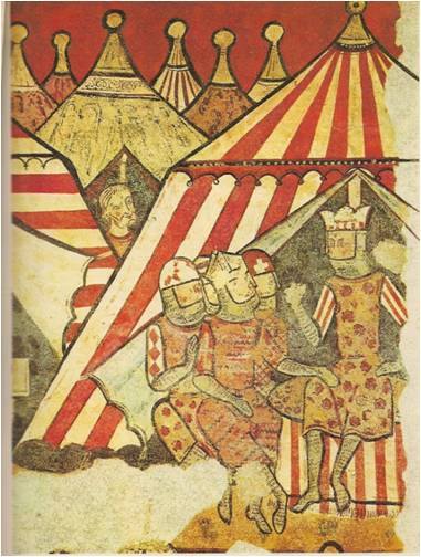 El rey Jaime I con sus nobles delante de la tienda real reunido en consejo de guerra en el sitio de Mallorca