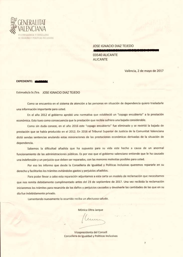 Carta Conselleria Igualdad y Políticas Inclusivas de Mónica Oltra