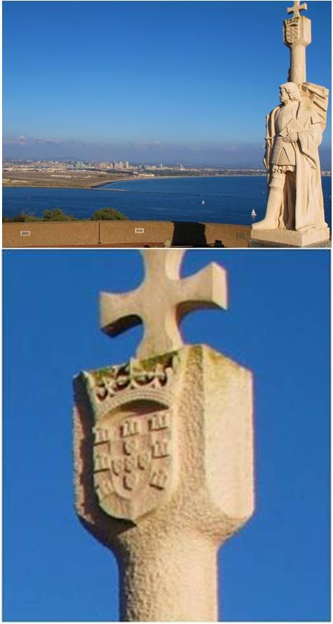 Estatua de Cabrillo en punta Loma presidiendo la bahía de San Diego y coronada por la armas de Portugal (¿?) ¿Harán algo nuestras autoridades diplomáticas?l