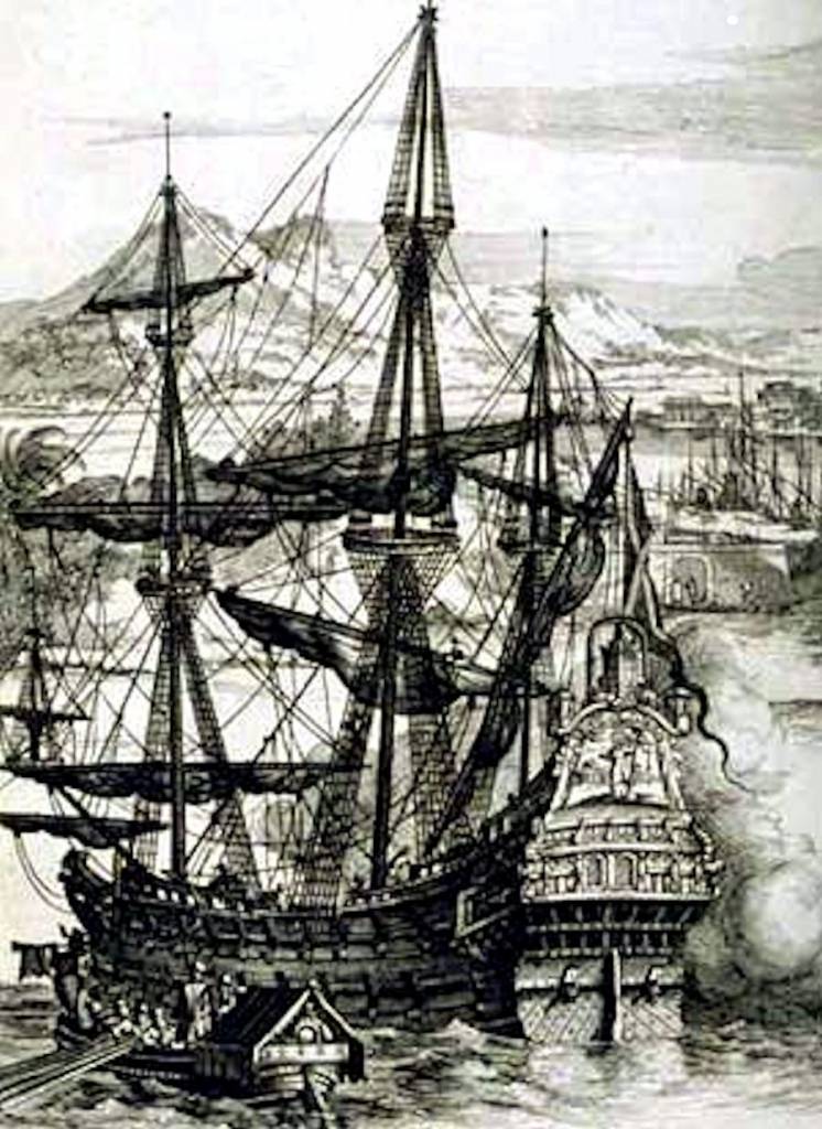 Galeón español, por Alberto Durero. Los españoles aprendieron a defenderse de los piratas franceses a través de grandes galeones. El mito de la piratería inglesa: menos del 1 % de los galeones españoles fue apresado.