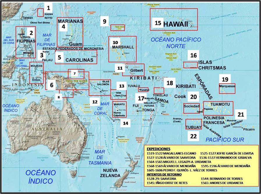 Las expediciones al oceano Pacífico. Mapa elaboración propia ©José Antonio Crespo-Francés