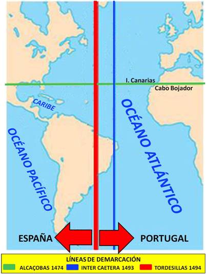 Mapa elaboración propia ©José Antonio Crespo-Francés Los potenciales conflictos derivados de la competencia entre portugueses y castellanos se evitaron gracias al Tratado de Tordesillas entre ambos reinos. El tratado fue precedido por cuatro bulas emitidas por el Papa Alejandro VI, el español Rodrigo Borgia, en 1493. Eran las conocidas como Bulas Alejandrinas, en las que se reconocía a los reyes de Castilla y León el derecho de conquistar América y la obligación de evangelizarla. Estas bulas dividían el mundo en una zona de influencia portuguesa y en otra castellana, separadas ambas por un meridiano. El Tratado de Tordesillas se firmó en 1494 y fue una corrección en beneficio de Portugal de este reparto del mundo. El meridiano pasaba a estar a 370 leguas al oeste de las islas de Cabo Verde sin acordar qué isla del archipiélago se tomaba como referencia. A pesar del descubrimiento de América, el nuevo rey Carlos I de España no se olvidó del objetivo de alcanzar la Especiería. Por el Tratado de Tordesillas, los españoles tendrían que buscar el itinerario en dirección oeste, es decir cruzando o bordeando América.