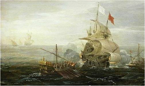 Pintura que a un galeón español defendiéndose del ataque de dos galeras. El sistema de convoy español, cuyo teórico fue el capitán general y Adelantado de la Florida Pedro Menéndez de Avilés, sería copiado por Inglaterra y EE.UU. en las dos guerras mundiales. Pero la auténtica prueba de que cumplió con su propósito es que solo dos convoyes fueron por completo apresados en toda su historia: la primera, en 1628, a la altura de Matanzas (Cuba), a manos del almirante holandés Piet Heyn; y una segunda vez en 1656.