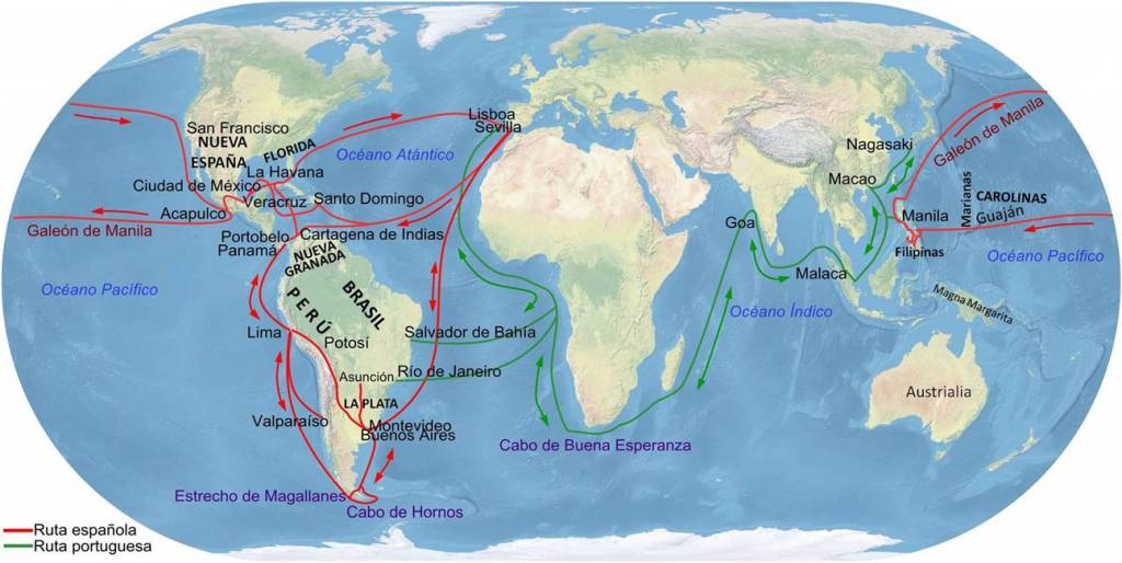Principales rutas comerciales del Imperio español. En rojo las españolas y en verde las portuguesas. El Galeón de Manila o Nao de China, fue el nombre con el que se conocían las naves españolas que cruzaban el Pacífico una o dos veces por año entre Manila en las Filipinas y los puertos de Nueva España principalmente Acapulco. Durante casi 250 años, mediante el comercio a través del Océano Pacífico, España, vinculó Asia con América y Europa. Las mercancías de Asia, como vasos y jarrones de porcelana, especias, tejidos, seda, lino y algodón, abanicos, peinetas, joyeros, tapices, alfombras, pañuelos, cofres, estatuas de marfil, almizcle, bórax y alcanfor, entre otros, eran transportadas a Manila. Y de allí, zarpaban rumbo a Acapulco, en Nueva España, a finales de noviembre o principios de diciembre. Mapa elaboración propia ©José Antonio Crespo-Francés.