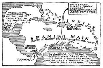 Zonas de actuación de Francis Drake entre 1567 y 1573