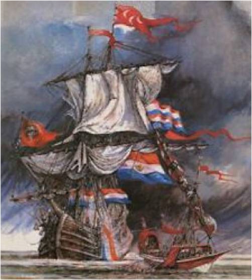 Estandartes turcos ondeando junto a los colores holandeses en una nave de Holanda. Pintura de Arie Zuidhoek. http://spiritualchange.blogsome.com/2008/09/25/nederland-was-liever-turks-dan-paaps