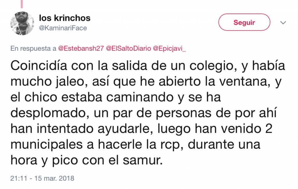 Un tuit escrito por un testigo de lo ocurrido