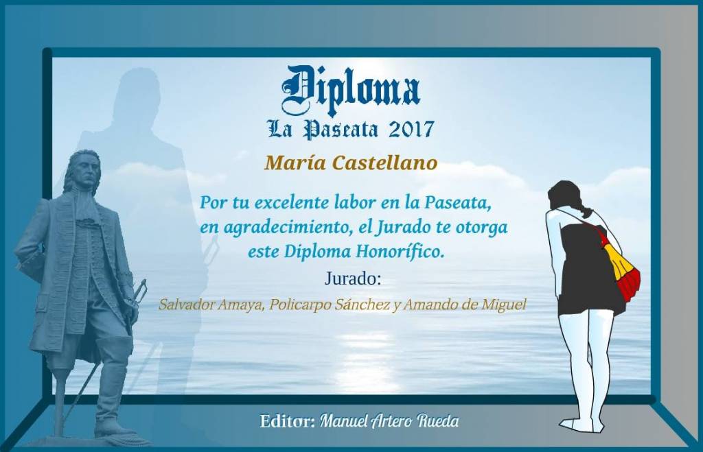 Diploma entregado a Maria Castellano en la primera dedición de los premios La Pasesata
