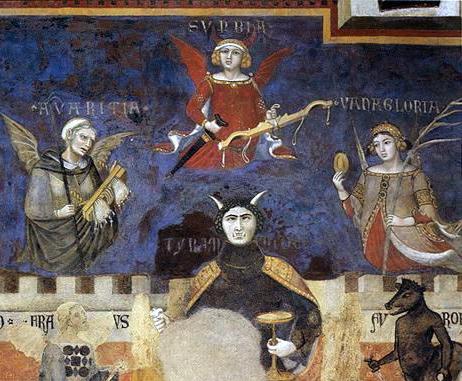 En su Alegoría del mal gobierno, los hermanos Lorenzetti representan la tiranía como un demonio, escoltado por la avaricia, soberbia y vanagloria.