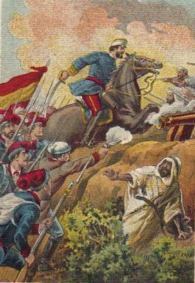 Lamina de los Episodios Nacionales correspondiente a la Batalla de Tetuán (1860). El General PRIM con lo VOLUNTARIOS CATALANES asaltan las trincheras moras.