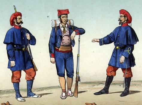 Lamina del Álbum de Infantería Española desde sus orígenes primitivos hasta el día.Madrid 1861. Voluntario catalán junto a un soldado y subteniente de los Tercios Vascongados. Guerra África 1860
