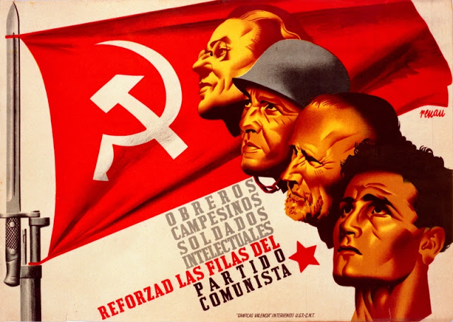 Cartel de guerra del Partido Comunista (P.C.E.) Obreros, campesinos, soldados, intelectuales, reforzad las filas del Partido Comunista